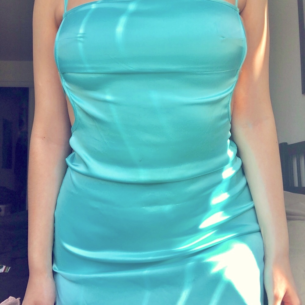 Silk blue open back dress